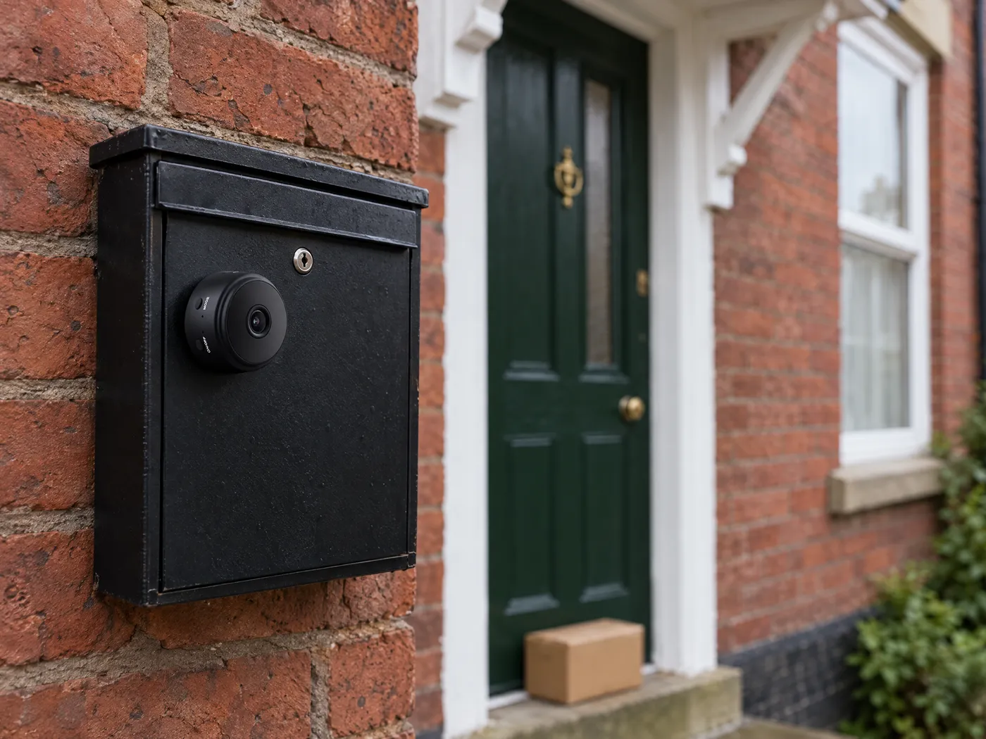 Small black mini camera on a magnetic mount attached to a metal letterbox, with a parcel on the step in the background