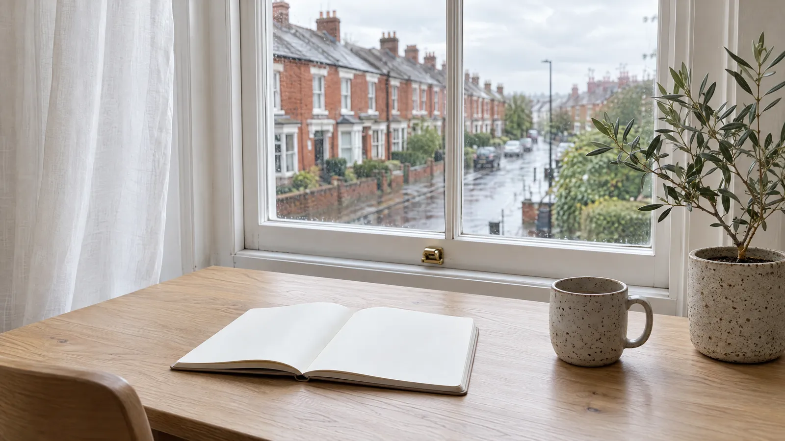 Bright desk with a notebook, a mug and an olive branch in front of a window overlooking a residential street