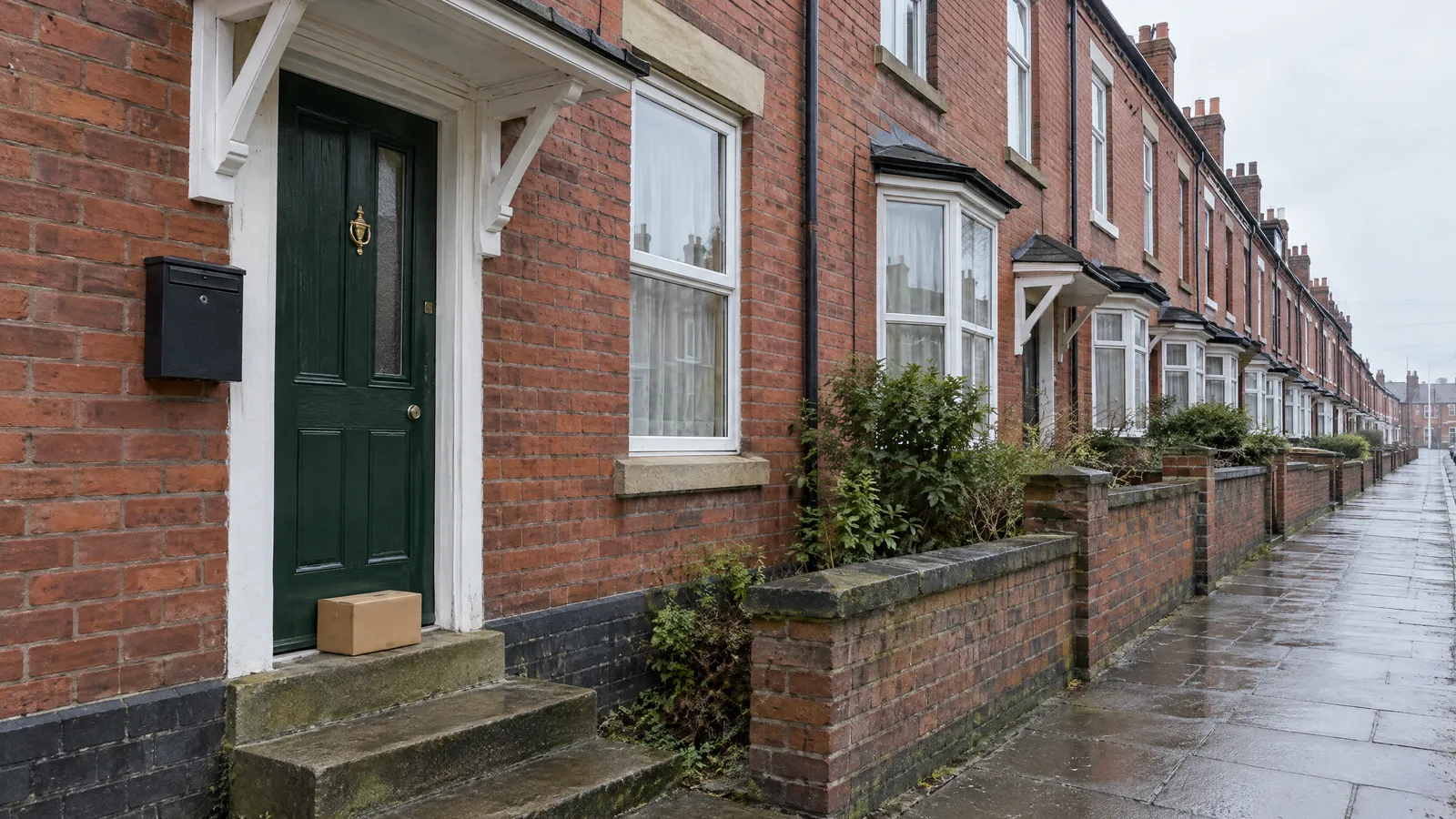 Cardboard box on the step in front of a house door, with a letterbox on the wall beside it