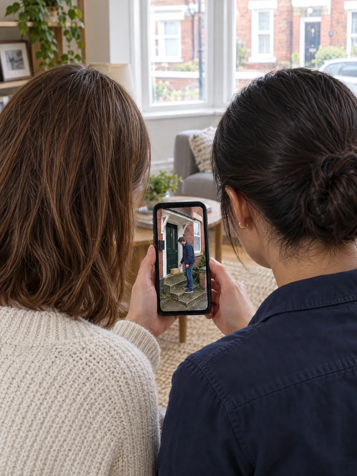 Two women seen from behind looking at a smartphone that shows camera footage of a man at a front door