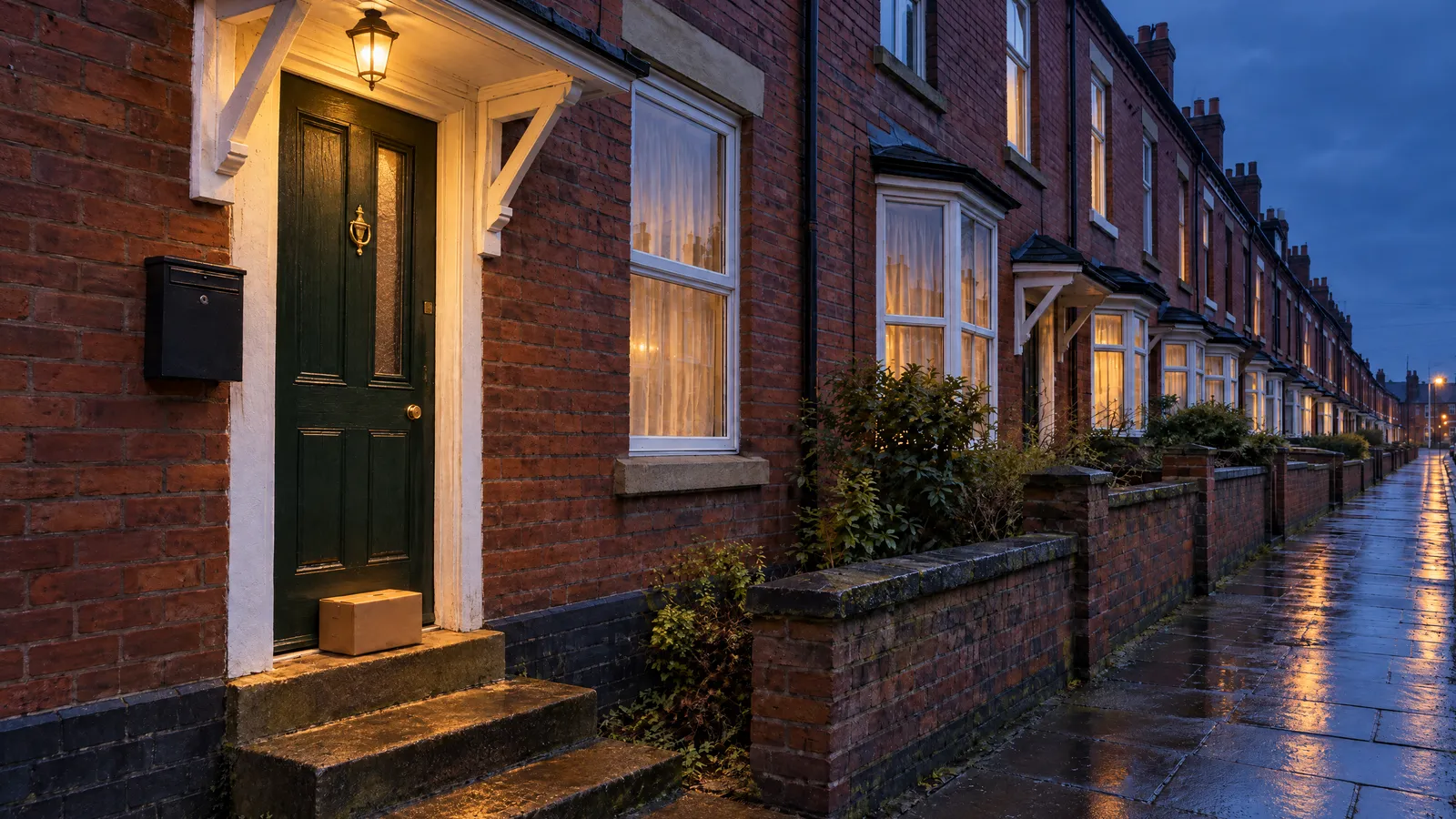 A front door in the evening, with a lamp lighting up the step and a parcel in front of the door