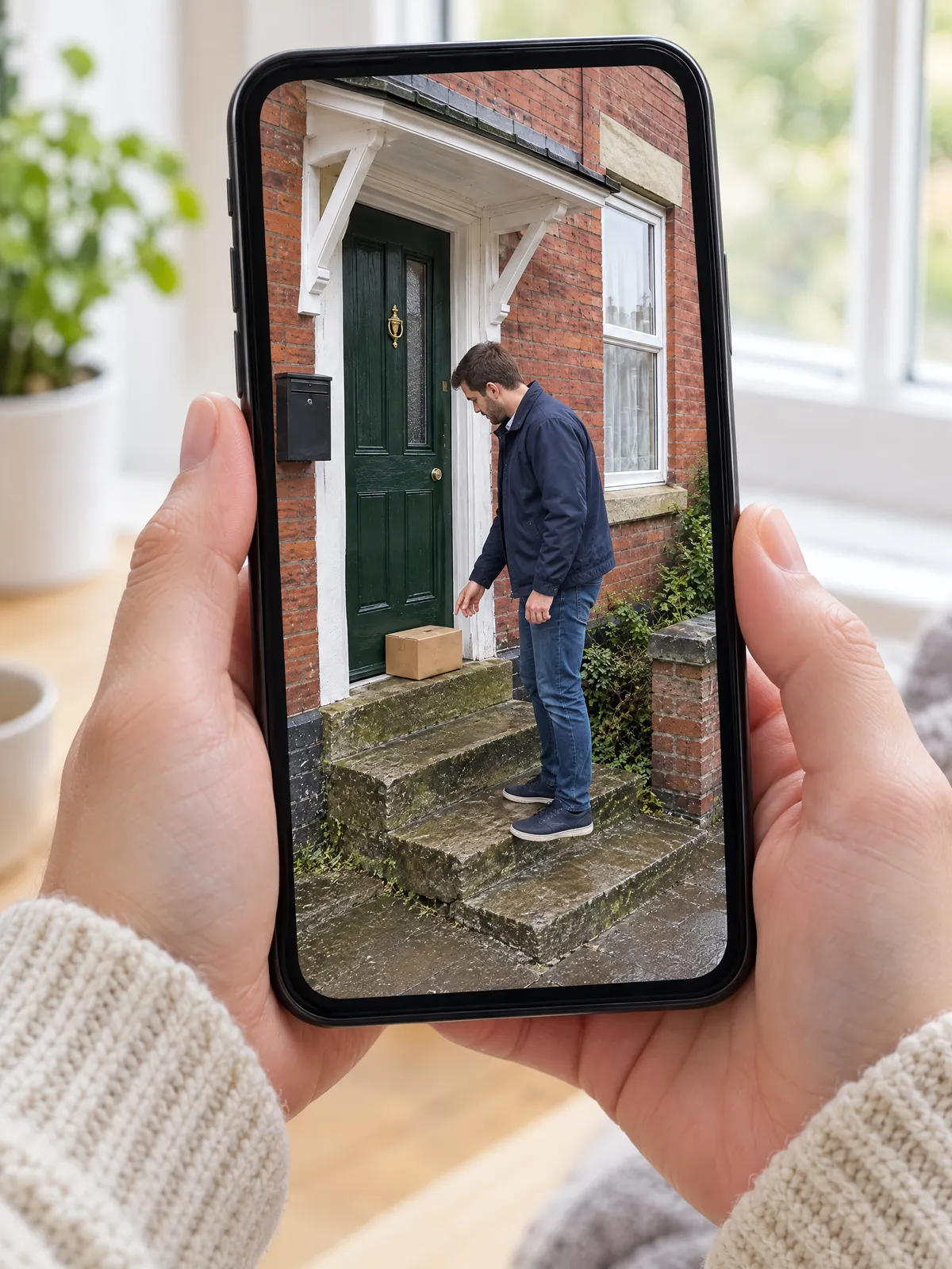 Hands holding a smartphone showing a man next to a parcel in front of a house door